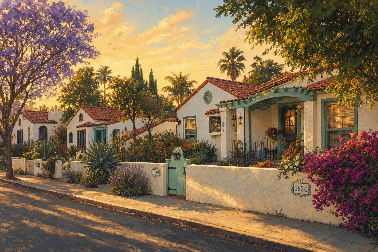 Illustration of a Southern California coastal neighborhood at golden hour