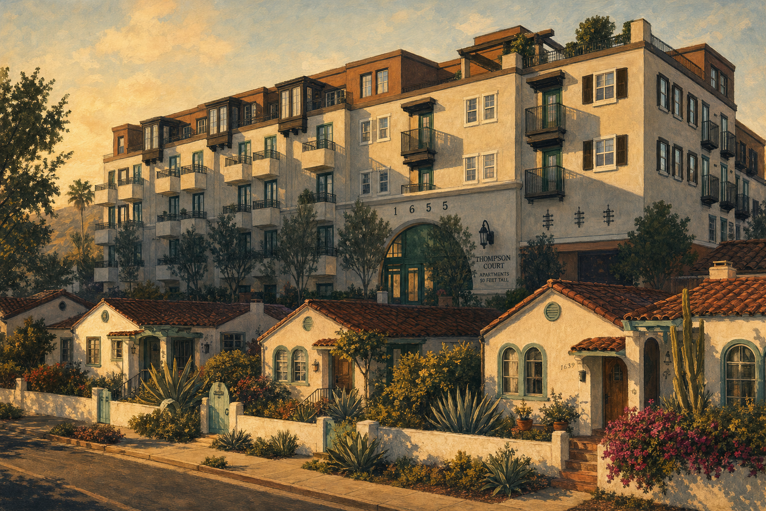 Illustration showing the Thompson Court Apartments towering over the single-story Spanish Colonial Revival bungalows of the neighborhood